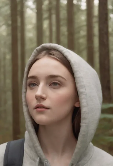 Hyper-realistic digital painting inspired by actress Saoirse Ronan, depicting a young woman with light brown eyes and light brown hair, wearing a hooded jacket, immersed in the beauty of a forest. The work is to be executed in the style of Simon Stålenhag ...