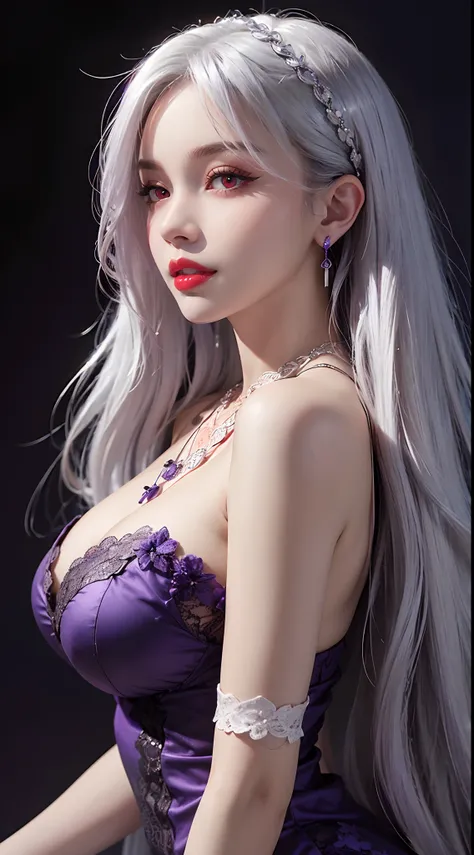 A beautiful and sexy 20 year old girl, wearing a super thin red dress, a diamond dress, ((long platinum hair:1.6)), bangs, elaborate jewelry made from gemstones and beautiful hair, ((wearing a purple lace necklace:1.6)), the girls noble, noble style is ext...