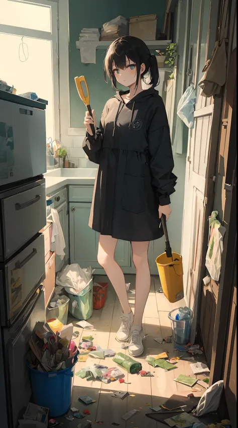 This illustration is、Pretty girl standing in a room filled with garbage、It depicts a moment when you are furious about the situation。She、Holding cleaning tools in hand、Its eyes are burning with anger。Among them、Old magazines、leftover food、Filled with unuse...