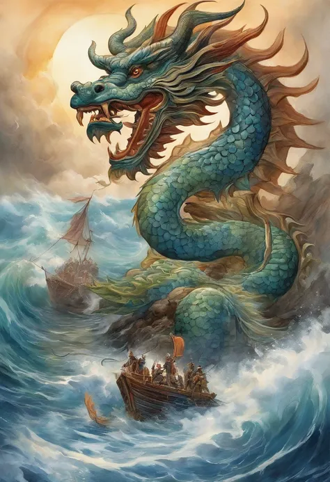 Vickers style, The graphics in the poster design are ocean colors, Chinese dragon in ink painting, and a combination of dragons, As a water god, Live in the South China Sea, Control thunderstorms at sea, an ancient Chinese god, turtle, drak, Mare, stony, S...