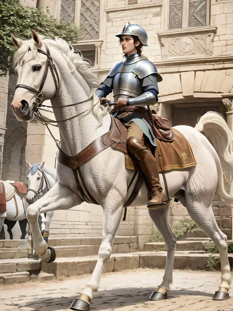 there is a man Al Pachino riding a horse in a medieval costume, adam driver as a centaur warrior, emma watson as joan of arc, emma watson as a knight, joan of arc, annasophia robb as joan of arc, ana de armas as joan of arc, knight on horseback, elisha cut...