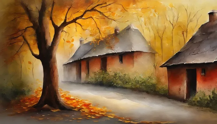 Old residential area，Red brick building，Big banyan tree，Clean the pavement，Fallen leaves，autumnal，in the early morning，Light yellow tone，super-fine，Carefully portrayed，high qulity，8K，