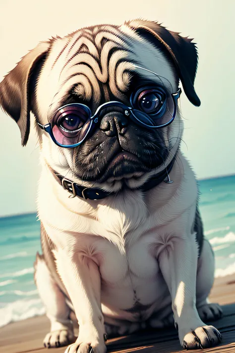 pug, aquarela, colorido, Ray Ban Glasses