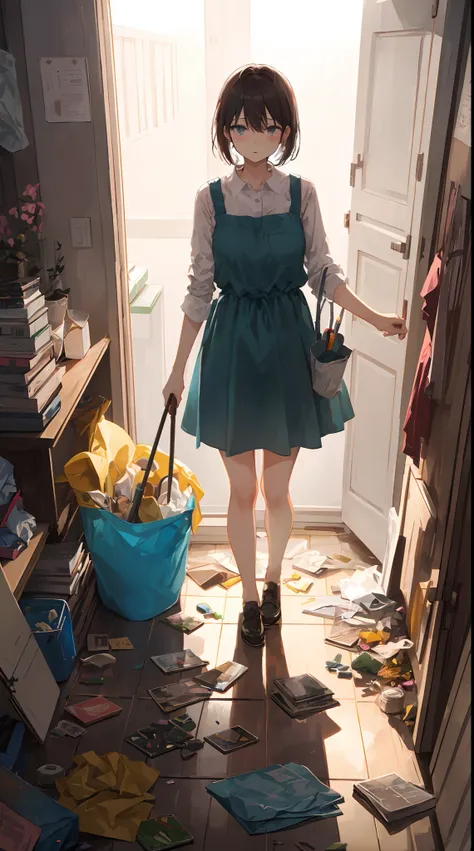 this illustration is、pretty girl standing in a room filled with garbage、it depicts a moment when you are furious about the situa...