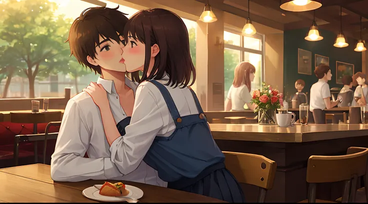 Girl kissing guy in cafe with girls shirt slightly open