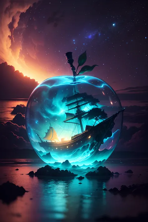 (Pirate ship sailing into a bioluminescence sea with a galaxy in the sky) inside a glass apple, epic, 4k, ultra,