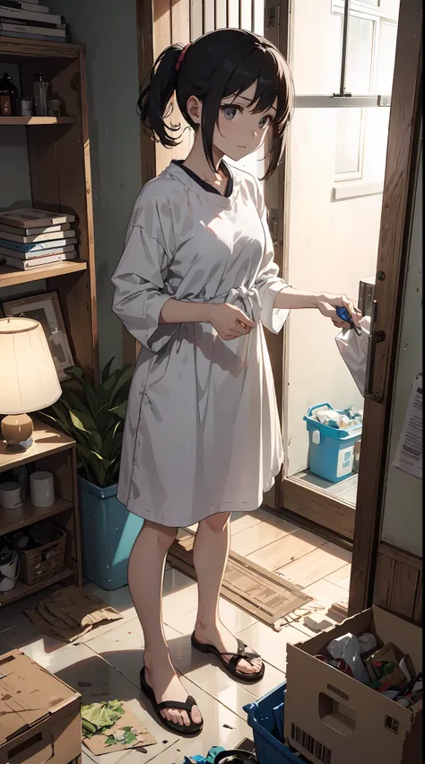 This illustration is、Pretty girl standing in a room filled with garbage、It depicts a moment when you are furious about the situation。She、Holding cleaning tools in hand、Its eyes are burning with anger。Among them、Old magazines、leftover food、Filled with unuse...