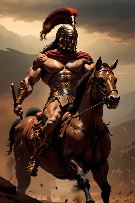 warrior riding on a horse in the style of Conan the Barbarian, sinewy muscles, shirtless, a beautiful maiden riding behind him, completely naked, holding on to him