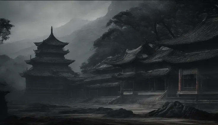 Quaint Han Dynasty style temple，There was an ancient Chinese monk who sat and meditated（closeup cleavage），Meditate，zazen，age-old tree，falling leaf，（Chinese landscape painting style），（Pastel ink painting），（8k wallpaper），（light and shadow effect），rendering b...