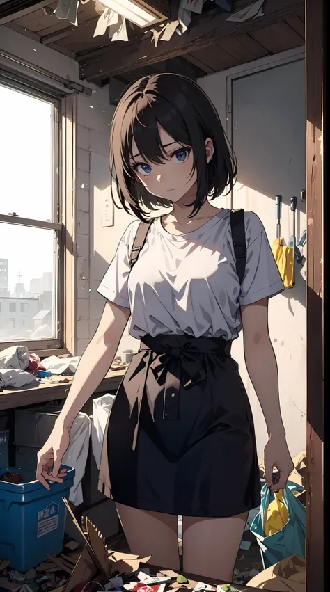 This illustration is、Pretty girl standing in a room filled with garbage、It depicts a moment when you are furious about the situation。She、Holding cleaning tools in hand、Its eyes are burning with anger。Among them、Old magazines、leftover food、Filled with unuse...