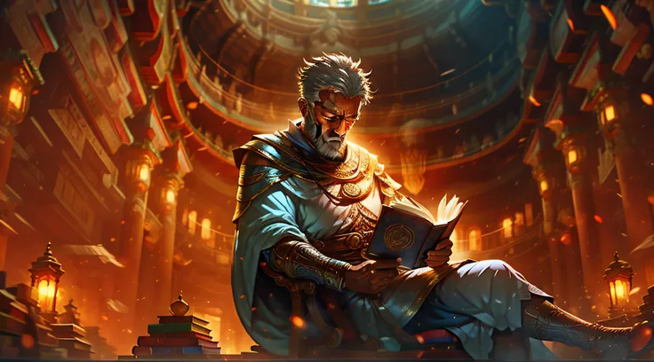 wise man reading a book inside an ancient library