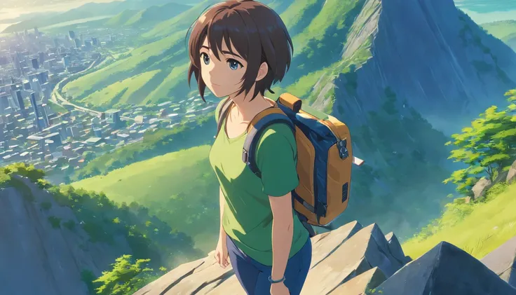 (best quality,4k,8k,highres,masterpiece:1.2),ultra-detailed,(realistic,photorealistic,photo-realistic:1.37),beautiful 16-year-old woman,climbing,a steep mountain,camera from above,anime style,highly detailed