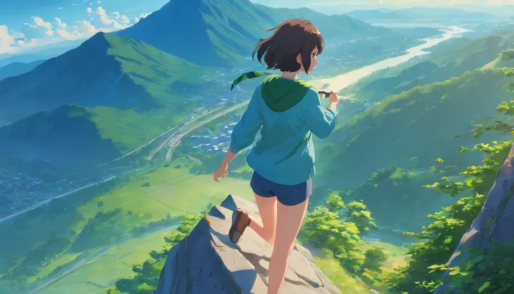 (best quality,4k,8k,highres,masterpiece:1.2),ultra-detailed,(realistic,photorealistic,photo-realistic:1.37),beautiful 16-year-old woman,climbing,a steep mountain,camera from above,anime style,highly detailed