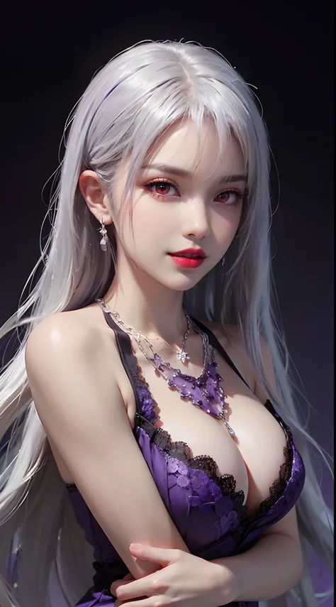 A beautiful and sexy 20-year-old girl, wearing an ultra-thin red dress, a diamond-embellished dress, ((long platinum hair:1.6)), bangs, elaborate jewelry made from precious stones, and beautiful hair, ((wearing a purple lace necklace:1.6))), the aristocrat...