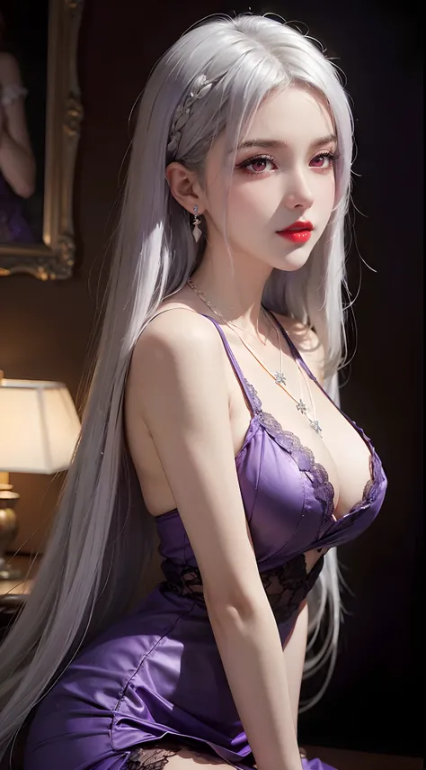 A beautiful and sexy 20-year-old girl, wearing an ultra-thin red dress, a diamond-embellished dress, ((long platinum hair:1.6)), bangs, elaborate jewelry made from precious stones, and beautiful hair, ((wearing a purple lace necklace:1.6))), the aristocrat...