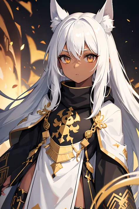 Black skin, golden eyes, white hair, Nomad with a Black Tunic, 1girl, absurdres