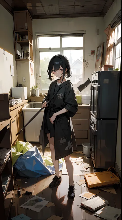 This illustration is、Pretty girl standing in a room filled with garbage、It depicts a moment when you are furious about the situation。She、Holding cleaning tools in hand、Its eyes are burning with anger。Among them、Old magazines、leftover food、Filled with unuse...