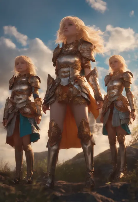 Three-headed loli wearing armor front outdoors