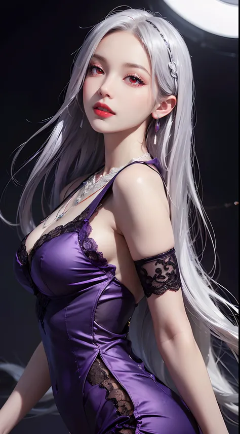 A beautiful and sexy 20-year-old girl, wearing an ultra-thin red dress, a diamond-embellished dress, ((long platinum hair:1.6)), bangs, elaborate jewelry made from precious stones, and beautiful hair, ((wearing a purple lace necklace:1.6))), the aristocrat...