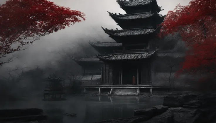 Quaint Han Dynasty style temple，There was an ancient Chinese monk who sat and meditated（closeup cleavage），Meditate，zazen，age-old tree，falling leaf，（Chinese landscape painting style），（Pastel ink painting），（8k wallpaper），（light and shadow effect），rendering b...