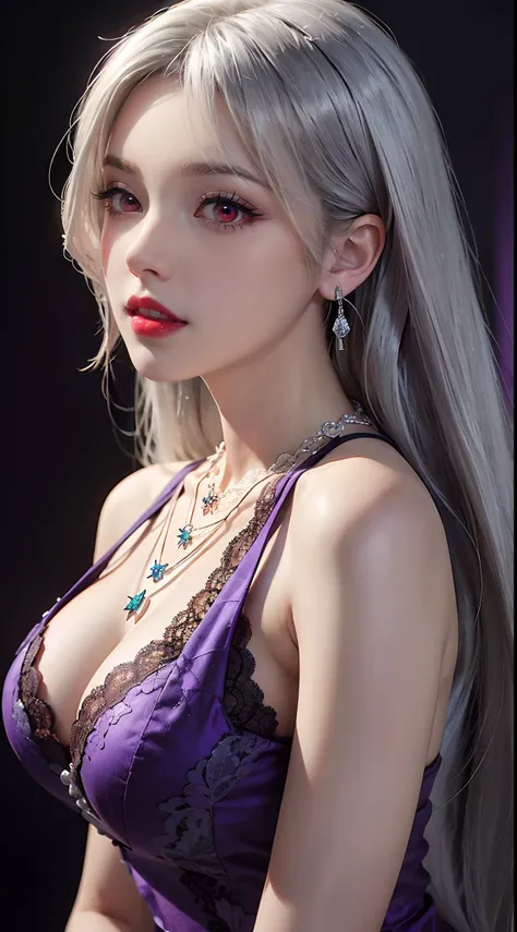 A beautiful and sexy 20-year-old girl, wearing an ultra-thin red dress, a diamond-embellished dress, ((long platinum hair:1.6)), bangs, elaborate jewelry made from precious stones, and beautiful hair, ((wearing a purple lace necklace:1.6))), the aristocrat...