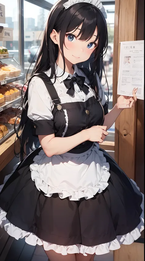 Maid：Bob has to、Her eyes are green and she has a bright smile、The uniform is a classic maid outfit of black and white, with a long skirt and ankle-length、The apron looks white and neat.、In the hand is holding a tray background：In the maid café、There is a c...