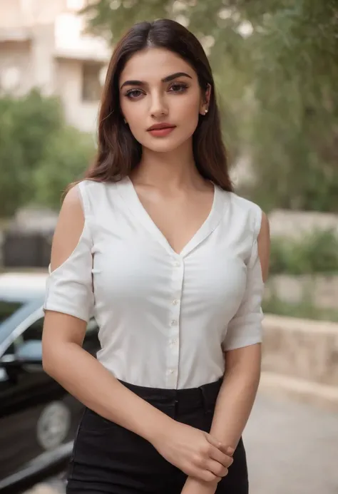 40k, RAW photo, best quality, masterpiece: 1.2), (realistic, photorealistic: 1.37), 1 beautiful Turkish girl weaing black polo shirt, standing beside black Mercedes seducing pose wearing white jeans in night at Lahore , Pakistan outside old traditional hom...