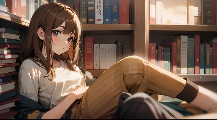 Room with books、Brown-haired woman１a person