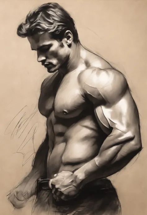 Rough charcoal sketch on old paper, Male figure with muscular upper body,Only the upper head to the waist muscles are depicted，Clean line art,Paint in an expressive sketch style, hatching, Black and white sketch, handpainted, sketching, Linear style::Sketc...