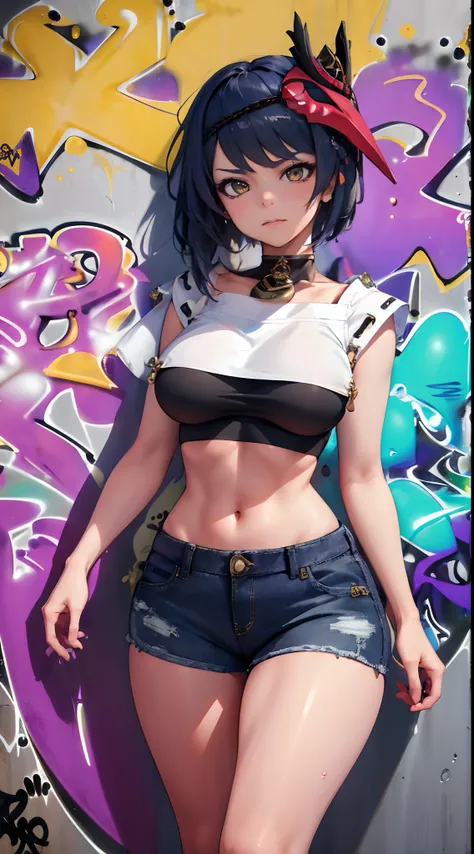 Kujou Sara Genshin Effect, masterpiece, bestquality, 1girls, mediuml breasts, bara, crop top, shorts jeans, choker, (Graffiti:1.5), Splash with purple lightning pattern., arm behind back, against wall, View viewers from the front., Thigh strap, Head tilt, ...