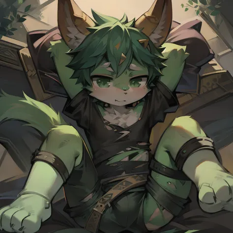 A small boy with large green fur on his arms, legs and face, two small horns on his forehead, vibrant green eyes and torn peasant clothes.