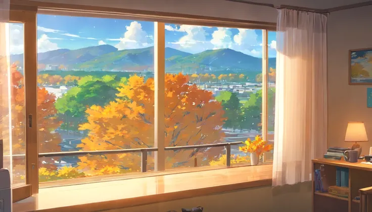 Autumn view outside the window，A gentle breeze blows into the house，The white curtains were blown up，Maple leaves fall outside the window，In the distance, it was a golden yellow，best qualtiy,hyper HD,high qulity,high detal,Perfect picture,anatomy correct,T...