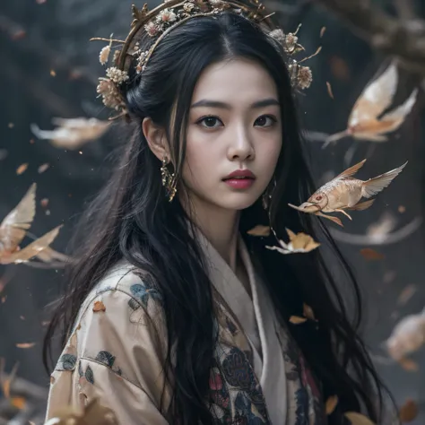 Gold backstop 32K（tmasterpiece，k hd，hyper HD，32K）Long flowing black hair，ponds，zydink， a color， Aozhou people （Concubine girl）， （Purple silk scarf）， Combat posture， looking at the ground， long whitr hair， Floating hair， Carp pattern headdress， Chinese long...