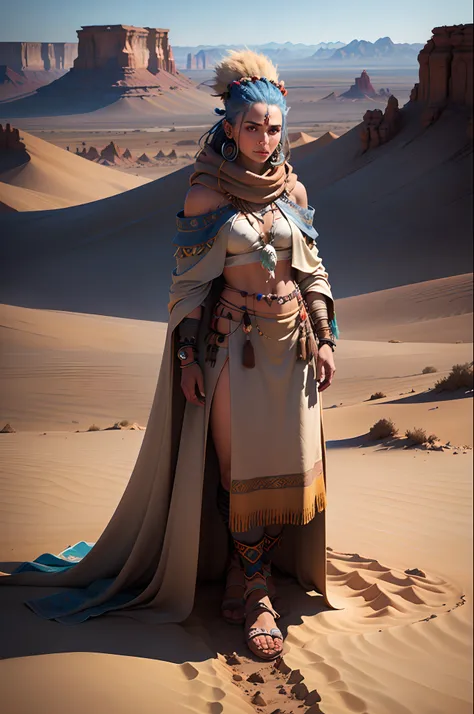 concept art of a character in the forground with a cold desert in the background, a modern shaman , woman