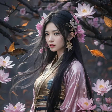 Gold backstop 32K（tmasterpiece，k hd，hyper HD，32K）Long flowing black hair，ponds，zydink， a color， Aozhou people （Concubine girl）， （Purple silk scarf）， Combat posture， looking at the ground， long whitr hair， Floating hair， Carp pattern headdress， Chinese long...