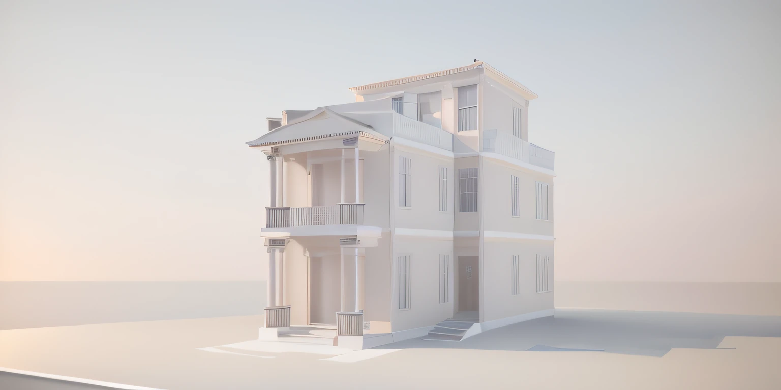 a rendering of a three story building with a balcony and a balcony, in style of simplified realism, 3d rendering, 3 d rendering, rendered 3d model, front elevation view, neo - classical style, architecture render, architectural render, 3 d renders, 3d rend...