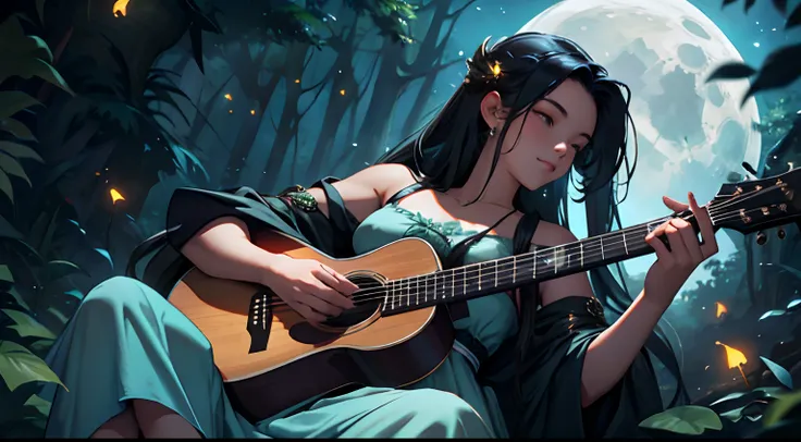 As the moon rises, a maiden with luxurious, lengthy hair reclines on a mossy rock, strumming her guitar and creating a symphony with the shimmering fireflies that encircle her.