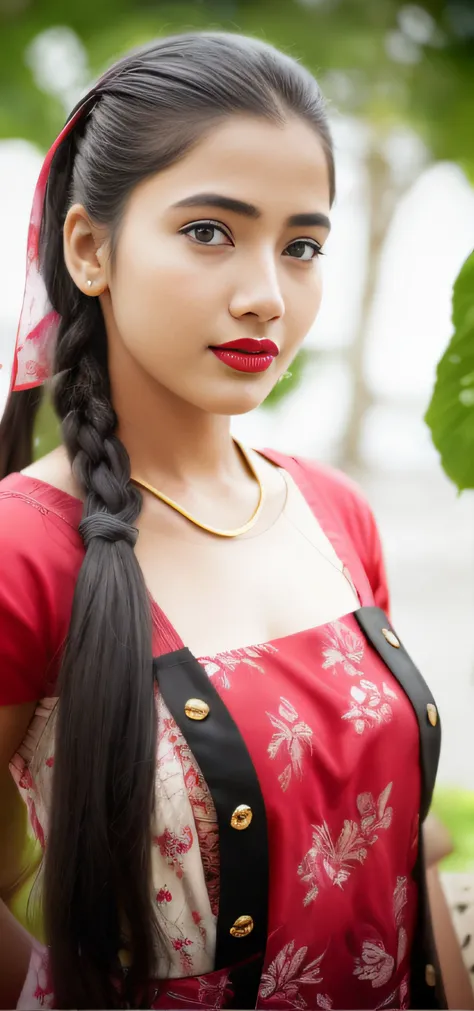 there is a young girl with a black apron and a red lipstick, very beautiful girl, very beautiful enga style, with lovely look, with accurate face, cute beautiful, srilanka female model, attractive girl, beutiful face, very beautiful photo, beuatiful face, ...