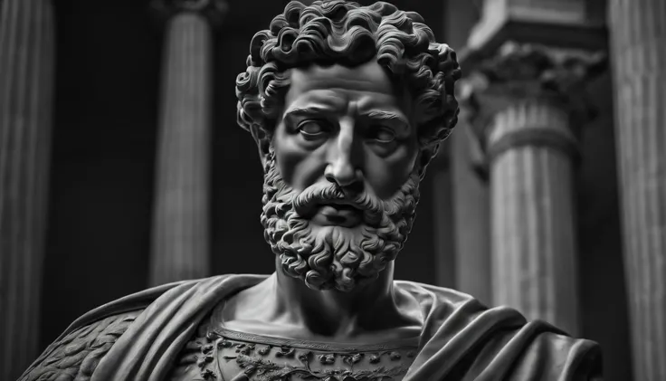 a portrait statue of the stoic Marcus Aurelius in black and white 4K,corpo todo ,forte,musculoso,sem camisa papel de parede super realista