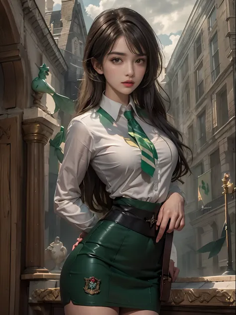 photorealistic, high resolution, 1womanl, solo, hips up, view the viewer, (detailed face), hogwarts uniform, hogsks, slytherin，b...