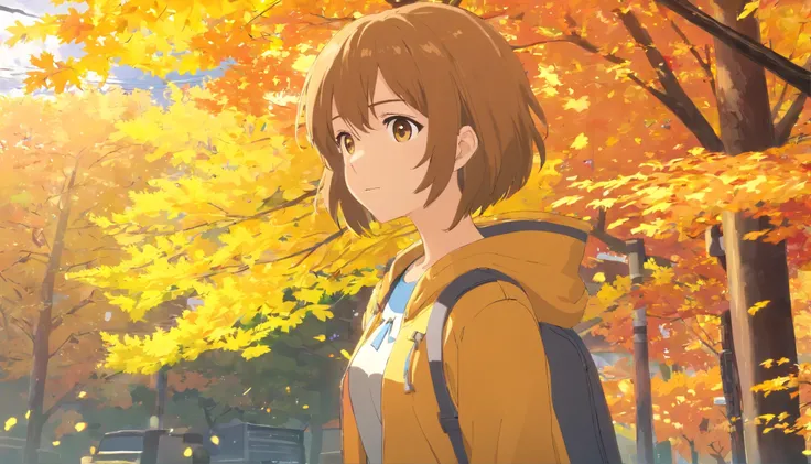 Autumn view，Maple leaves fall，A golden yellow，Very romantic，coziness，peacful，visual shock，hiyao miyazaki，anime big breast，best qualtiy,hyper HD,high qulity,high detal,Perfect picture,Textured skin,acurate,Fine details -