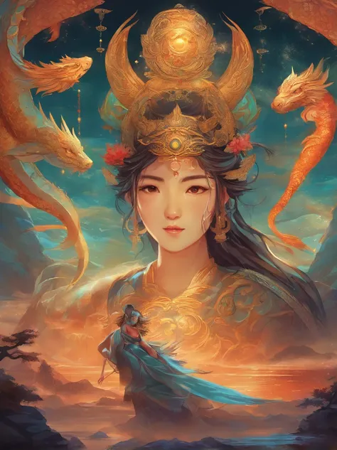 Vickers style, The graphics in the poster design are ocean colors, Chinese dragon in ink painting, , As a water god, Live in the South China Sea, Control thunderstorms at sea, an ancient Chinese god, turtle, drak, Mare, stony, Super sharp,Realistic details...