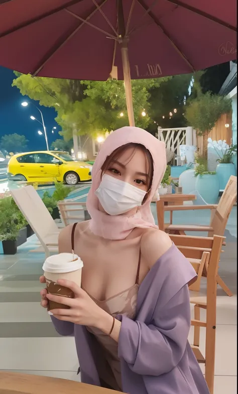 realistic skinny skin, sexy, sensual, beautifull face, ideal body, medium breast, realistic, wearing mask, holding a cup of coffee