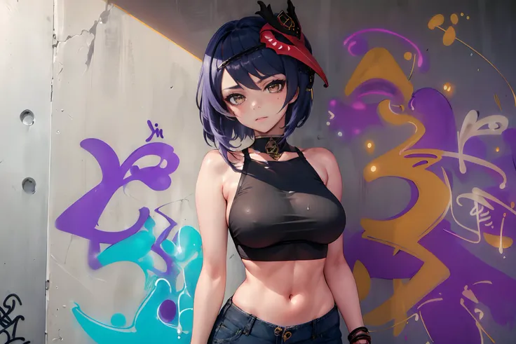 Kujou Sara Genshin Effect, masterpiece, bestquality, 1girls, mediuml breasts, bara, crop top, shorts jeans, choker, (Graffiti:1.5), Splash with purple lightning pattern., arm behind back, against wall, View viewers from the front., Thigh strap, Head tilt, ...