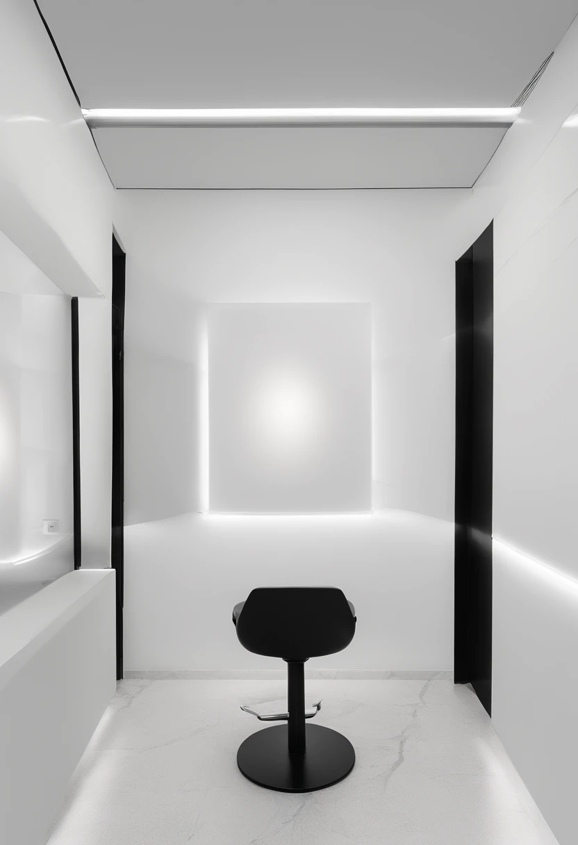 Menino dentista cabelos pretos, round glasses, vestido com jaleco preto. Inside a dental office, with walls with black and white marble details and armory, Luz, azul claro e branco, fundo branco simples, Surrealista, , Super Detalhe, pele texturizada, 8k ,...