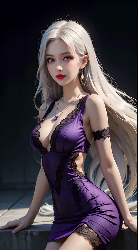 A beautiful and sexy 20 year old girl, ((wearing a super thin red dress:1.4)), a diamond dress, ((long platinum hair:1.6)), bangs, bridge jewelry period made from gems and beautiful hair, ((wearing a purple lace necklace:1.6))), the girls noble, noble styl...