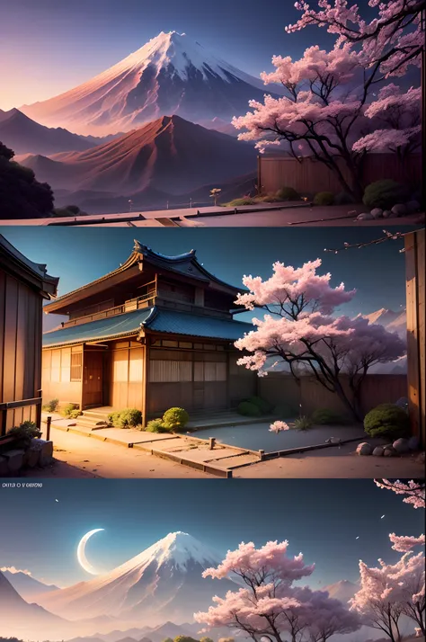 Sun & Moon same day mixing background photo manipulate, day & night same day, where day and night are the same day, Japan Fuji Mountain, Japan Sakura Flower, Photo Manipulation, (best quality,4k,8k,highres,masterpiece:1.2),ultra-detailed,(realistic,photore...