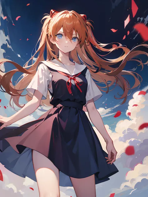 Asuka Langley Soryu，Blue eyes，hair between eyes，headware，Interface headset，Orange hair，Red ribbon、Ribbons、shcool uniform、skirts、Slip dress、Slip dress、Tokyo No. 3 Junior High School uniform、album artwork，Storytelling images