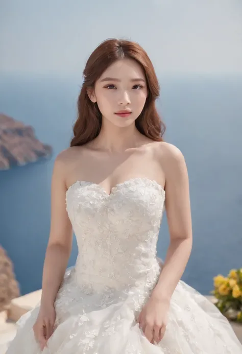 1 beautiful girl，Korean idol， (Realistic:1.3) (full bodyesbian:1.3), standing photo,Santorini, Stand in front of the( blue sea), White wedding dress, wedding decoration,Soft dress, Masterpiece, diffused soft lighting, Portrait, Best quality, (Perfect face:...