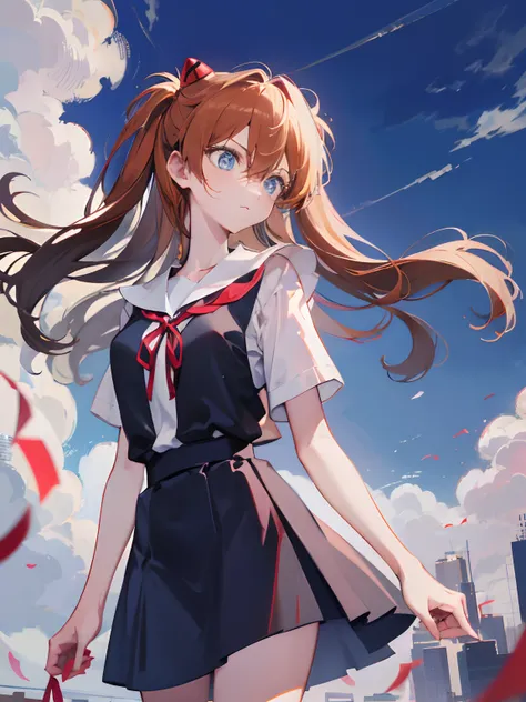 Asuka Langley Soryu，Blue eyes，hair between eyes，headware，Interface headset，Orange hair，Red ribbon、Ribbons、shcool uniform、skirts、Slip dress、Slip dress、Tokyo No. 3 Junior High School uniform、album artwork，Storytelling images